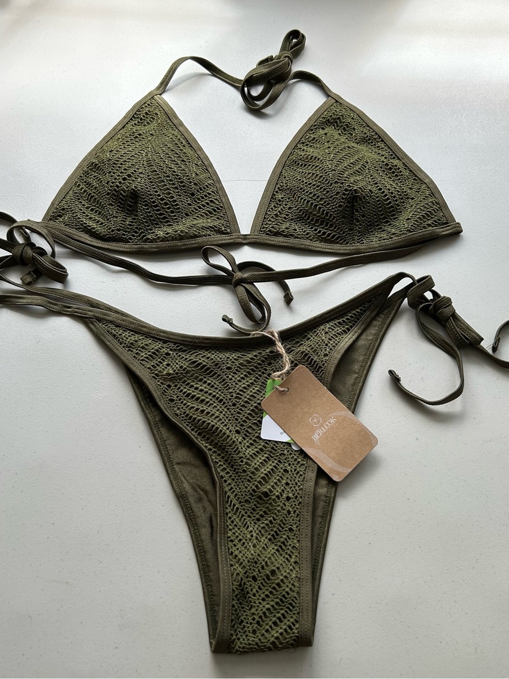 Samiol Bikini Set Army Green Crochet Large Halter Triangle Top Medium Tie Bottom